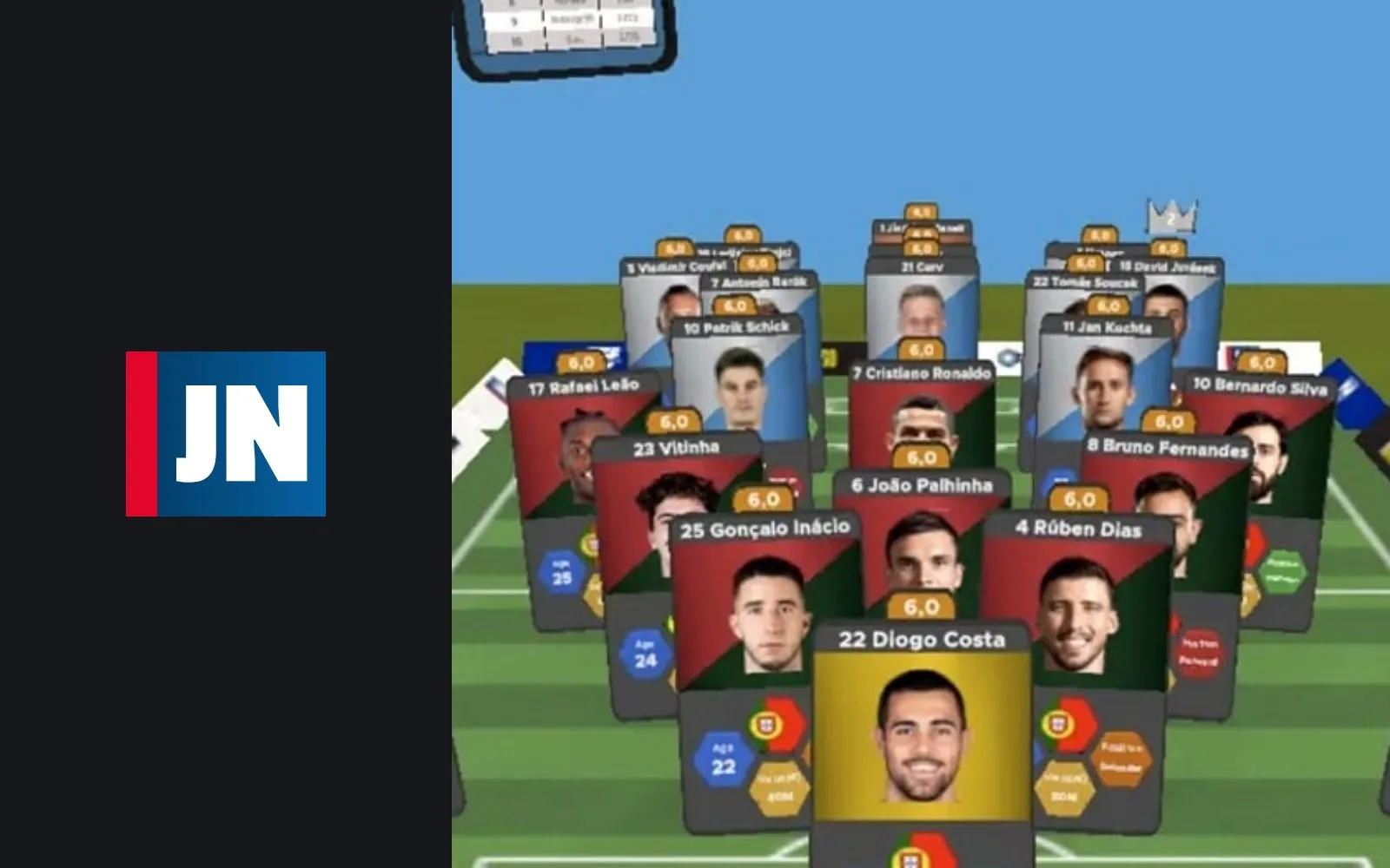 The Jornal de Notícias stamp beside FootAR's 3D stadium with the Portugal line-up as player cards