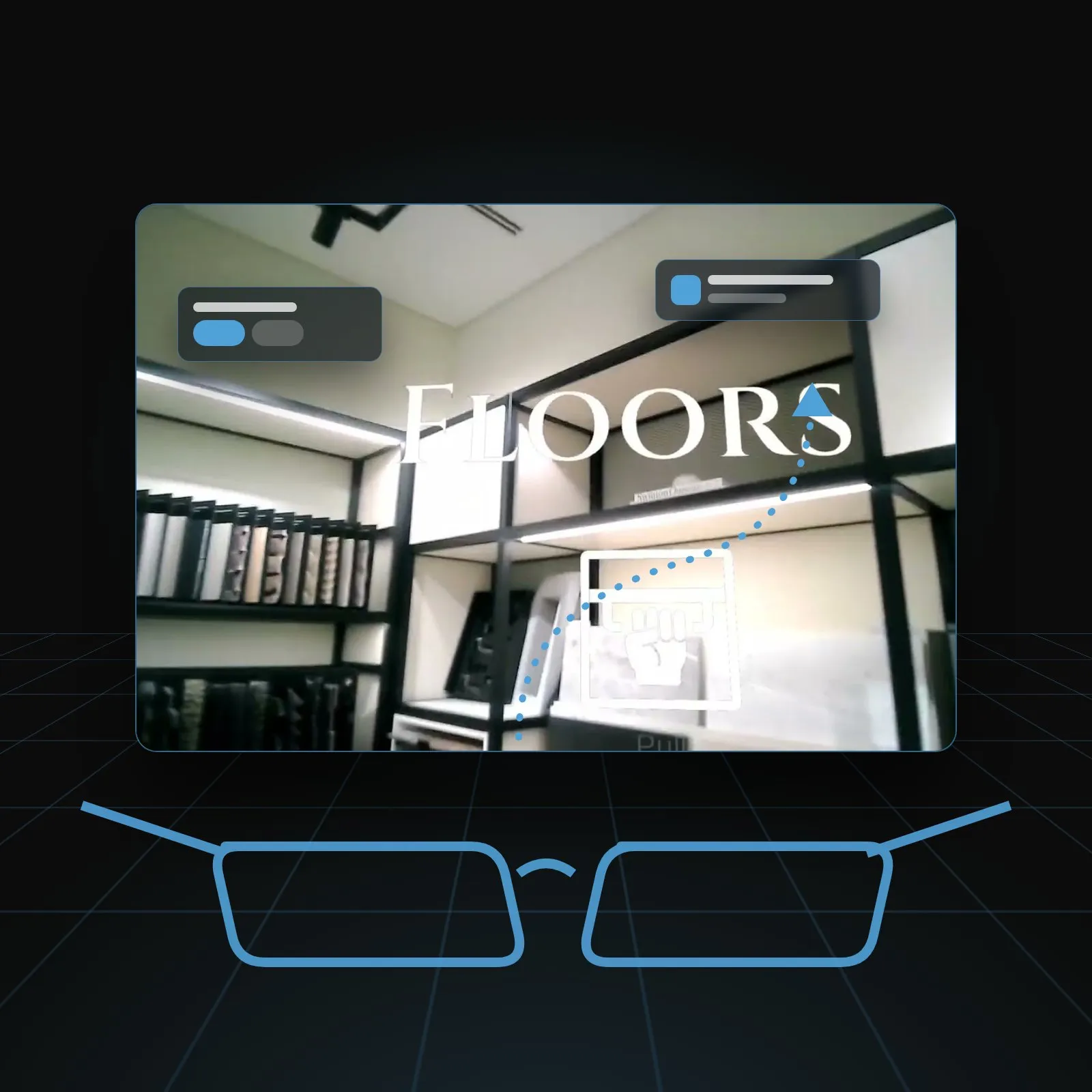 Illustration: a shop seen through smart glasses, with floating labels and a path to the product