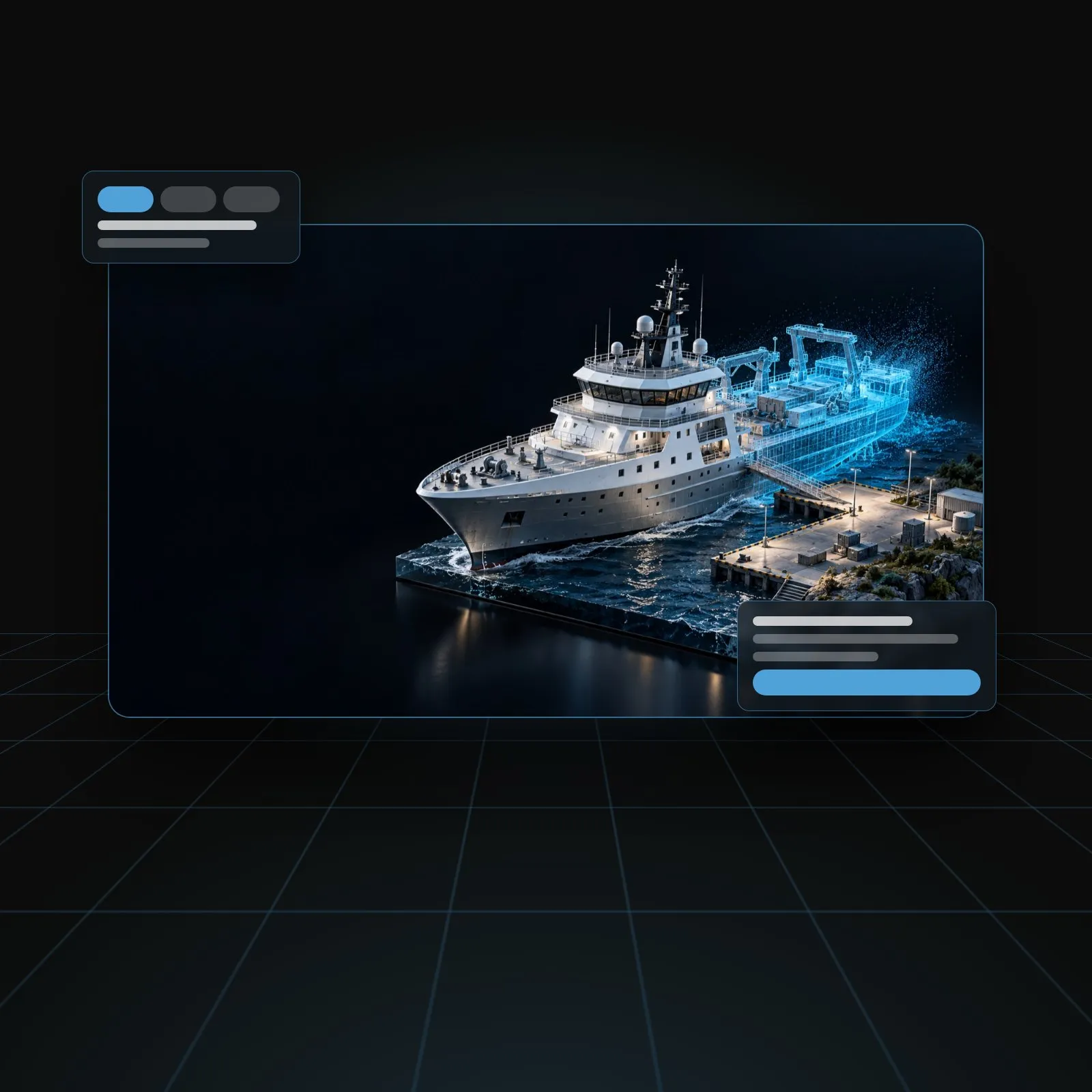 Illustration: a ship and its port as a 3D digital twin, with a briefing card