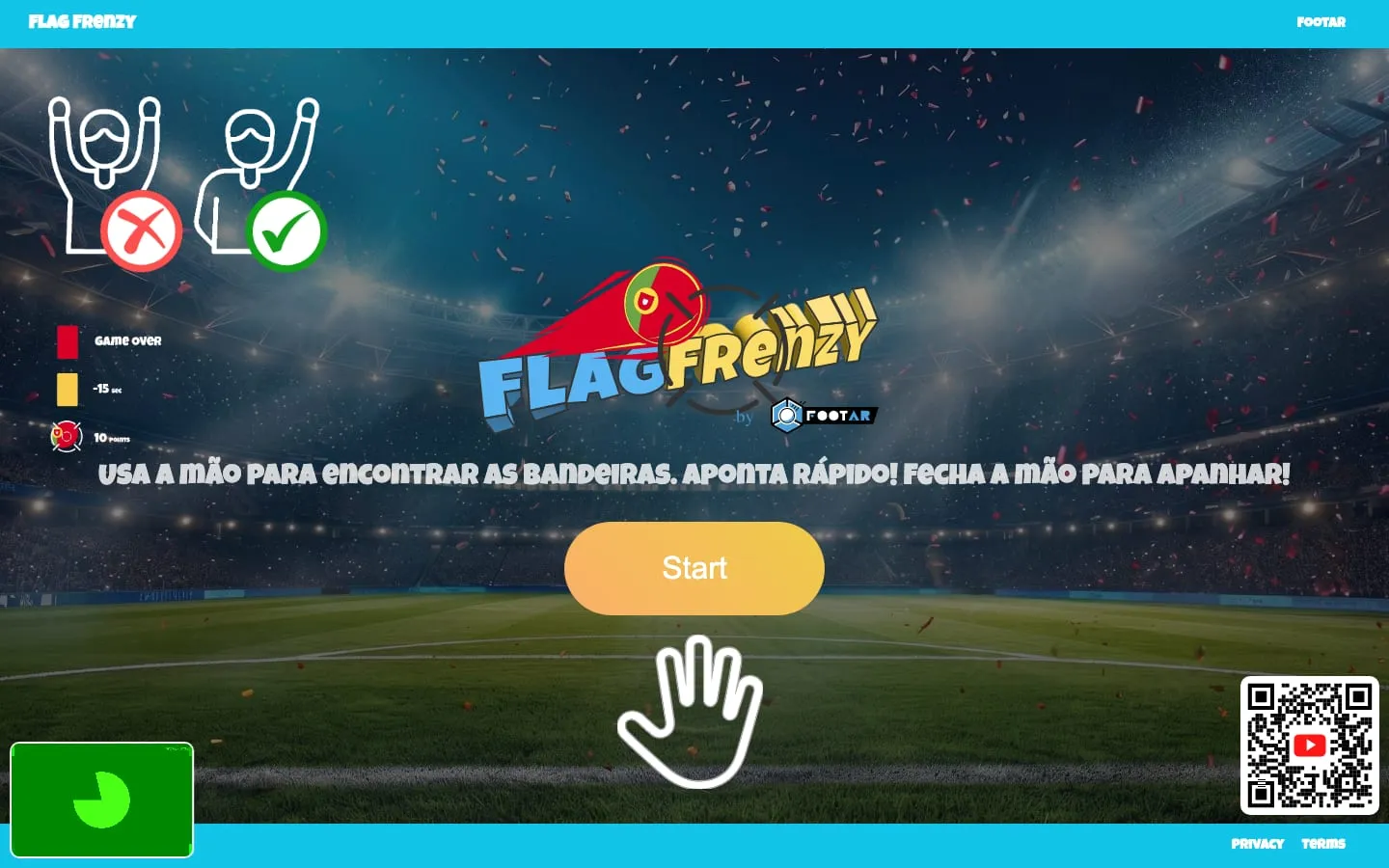 Flag Frenzy start screen with a hand gesture prompt