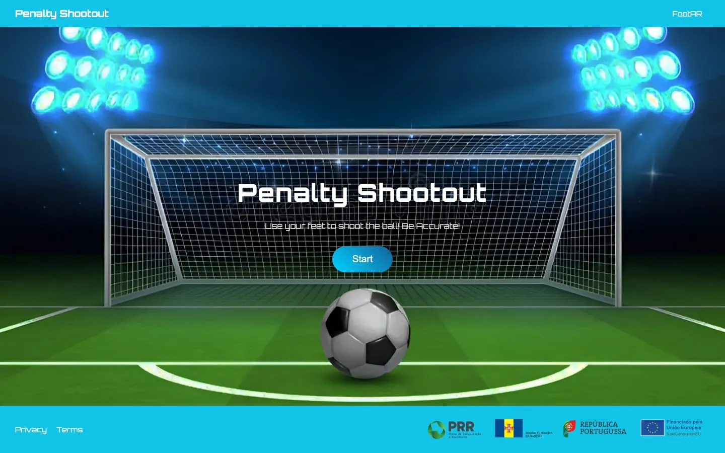Penalty Shootout start screen: a ball in front of a goal under floodlights