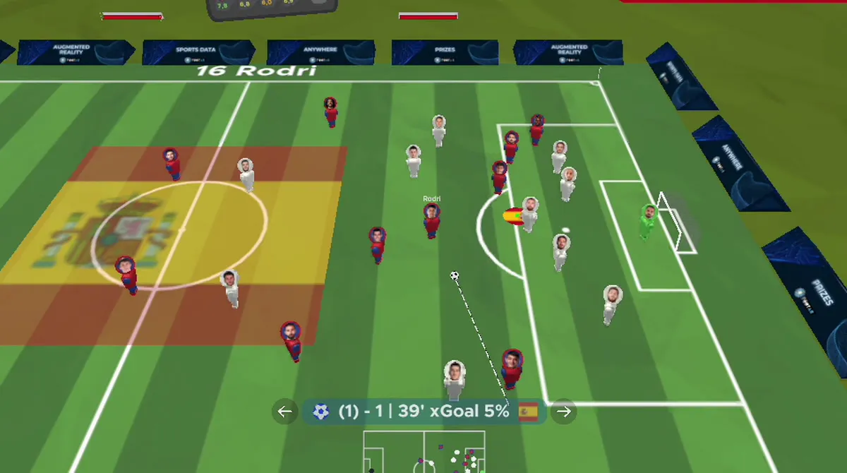 A goal drawn in FootAR 3D from match data: the passing move, the shot and its xGoal of 5%