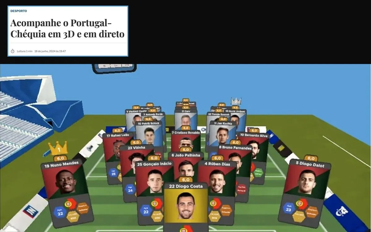 FootAR's 3D stadium with both line-ups as player cards, under the header of the Jornal de Notícias article "Acompanhe o Portugal-Chéquia em 3D e em direto"