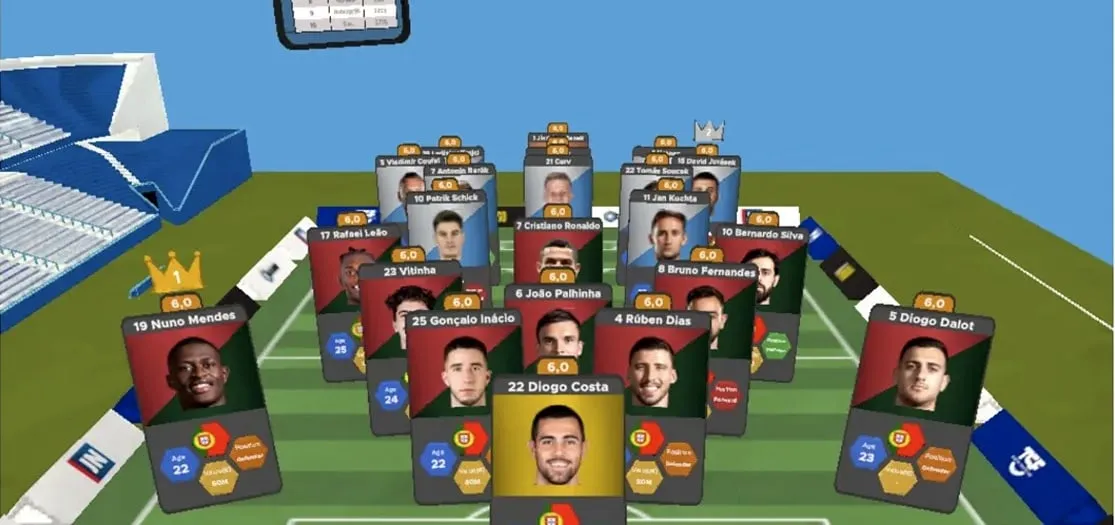 FootAR's 3D stadium with the line-ups as player cards, inside a live page