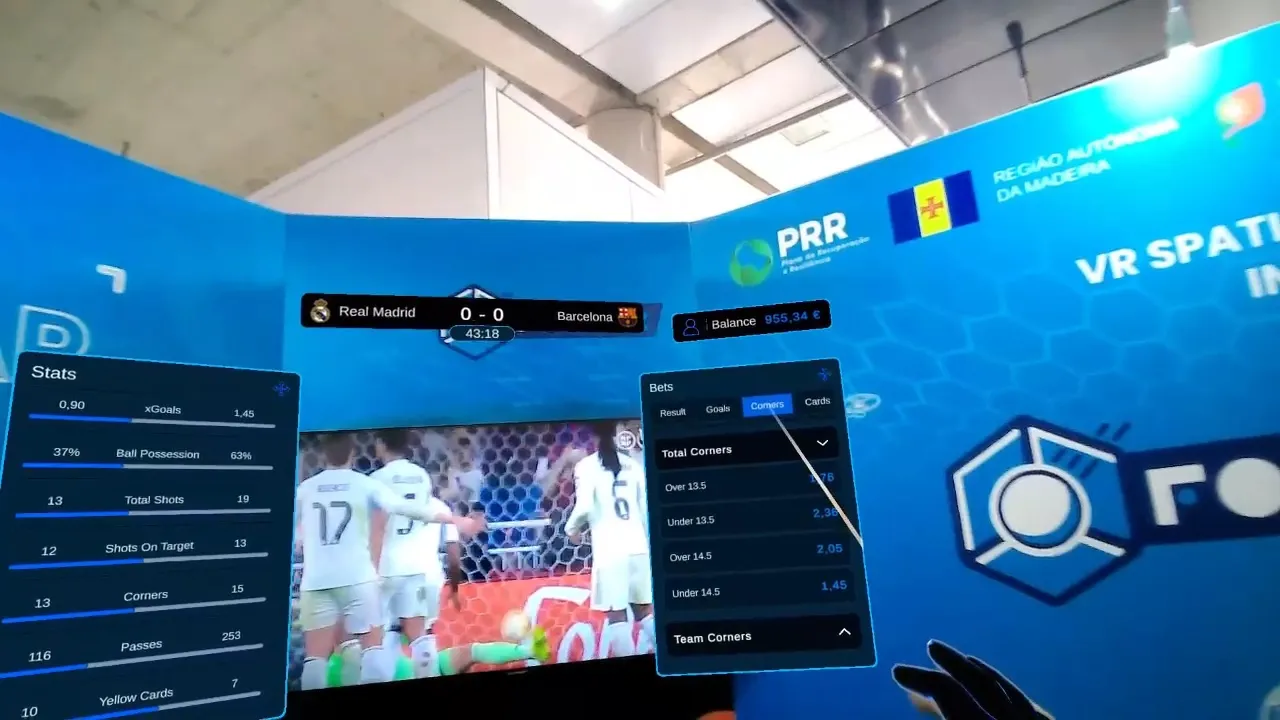 Betting markets for total corners floating beside the FootAR stand, seen through XR glasses