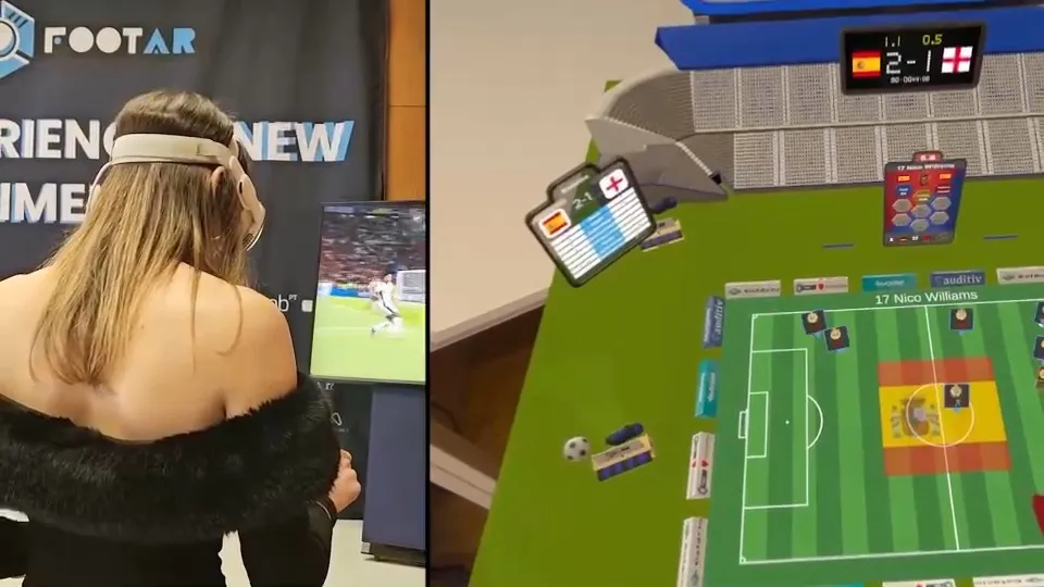 Split screen: a visitor wearing Apple Vision Pro, and the 3D match on the table she sees