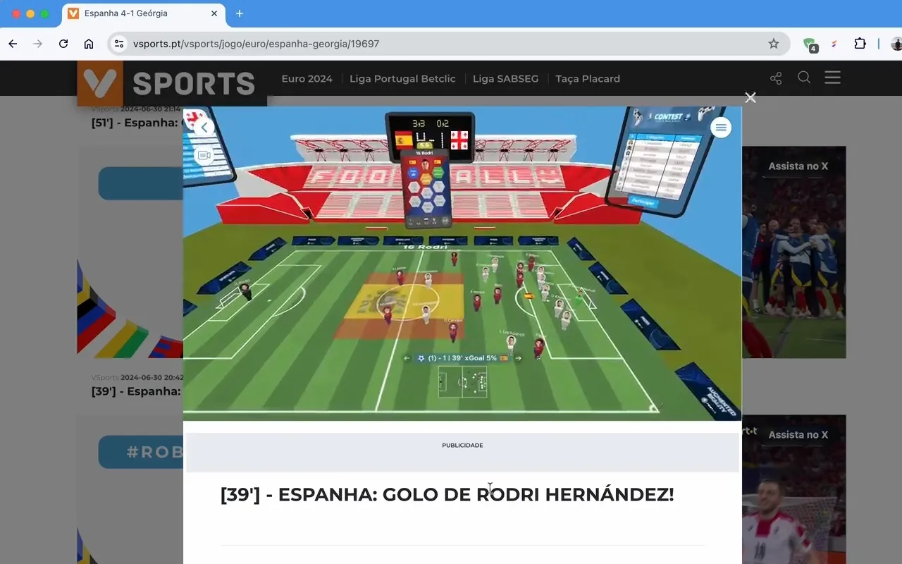 FootAR's 3D stadium with the Portugal and Czechia line-ups as player cards, from the Jornal de Notícias live page
