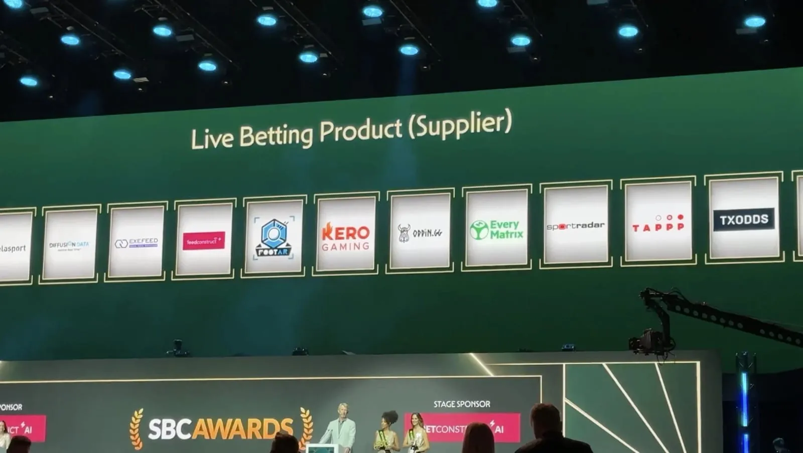 SBC Awards screen listing the Live Betting Product (Supplier) shortlist, including FootAR