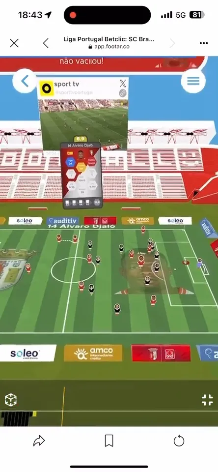 Screen recording of the SC Braga app: the FootAR 3D stadium with live stats and the match on the pitch