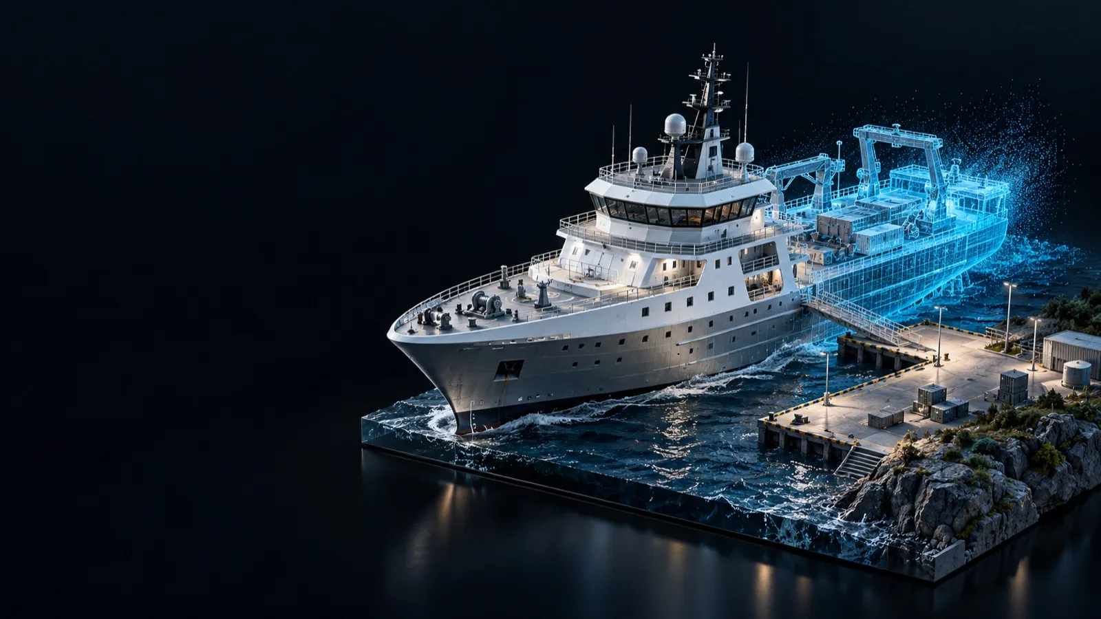 Illustration from FootAR's defence deck: a ship and its port as a 3D digital twin