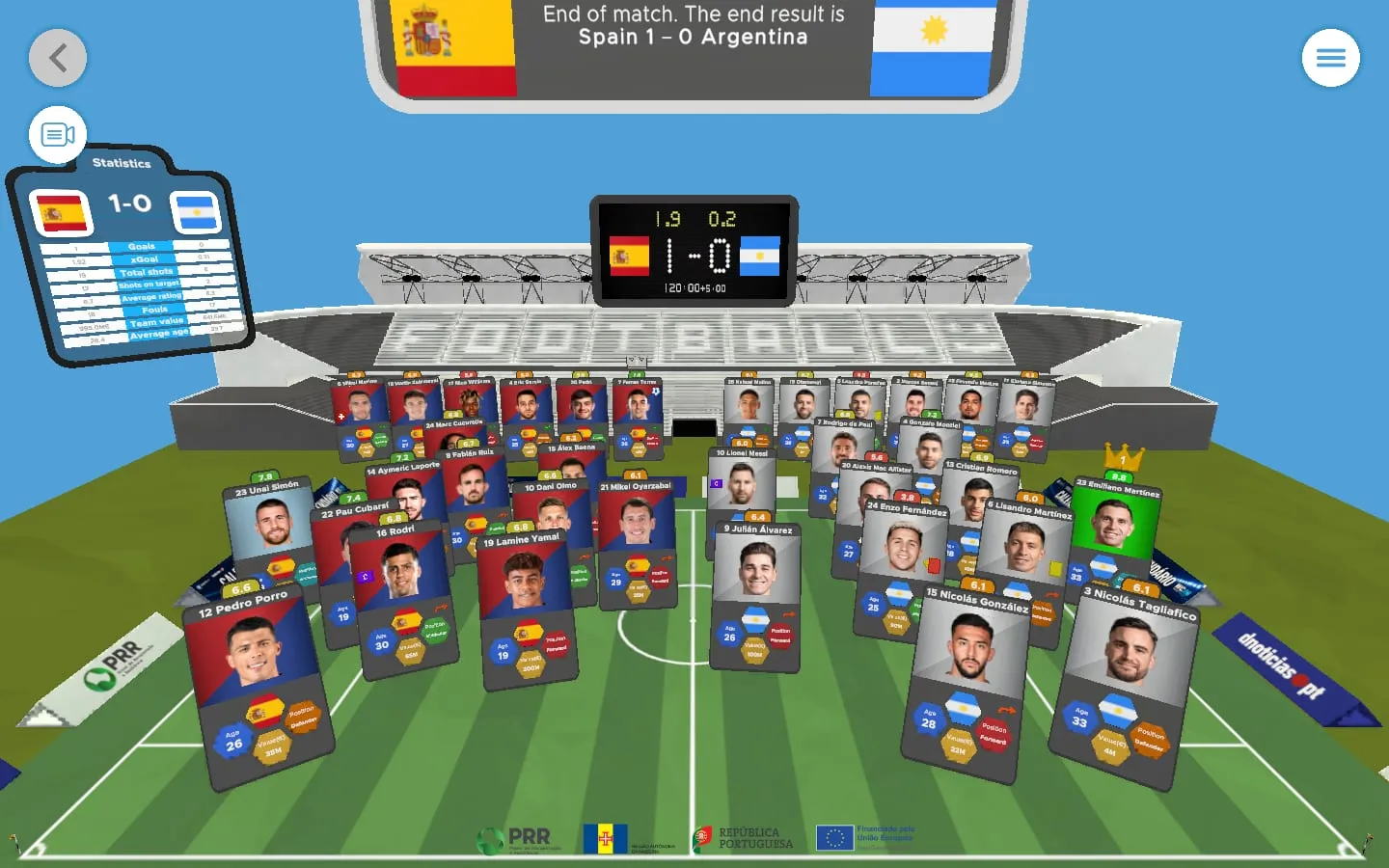 The FootAR 3D stadium in a browser, with player cards on the pitch
