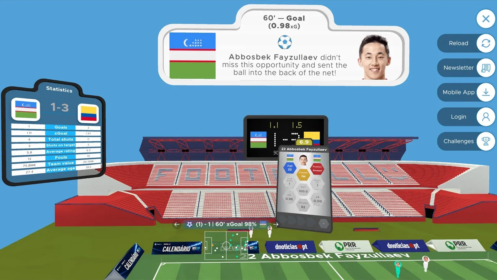 A goal replayed in augmented reality on a phone