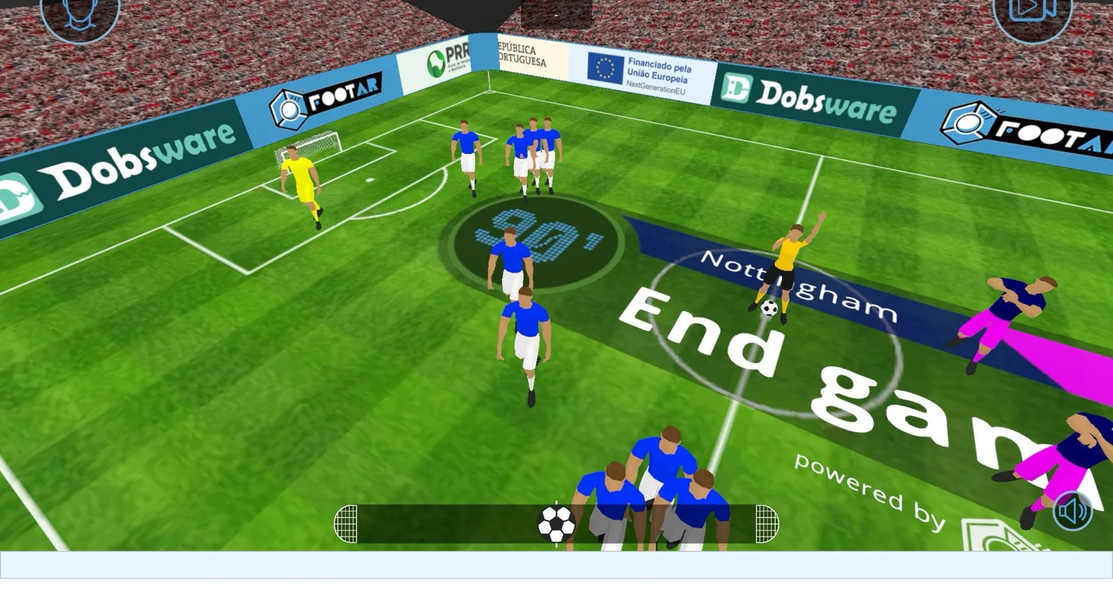 The FootAR widget showing a live match in a 3D stadium, with the score and a match timeline