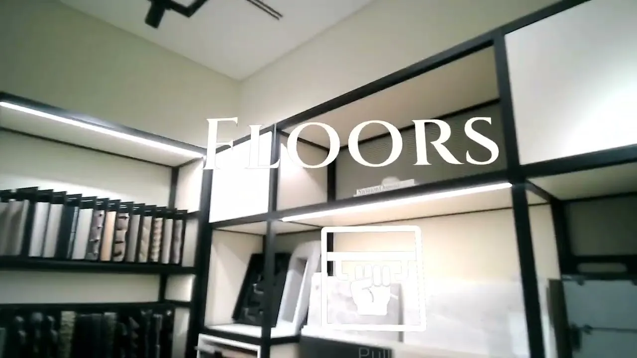 A shop interior with floating navigation labels